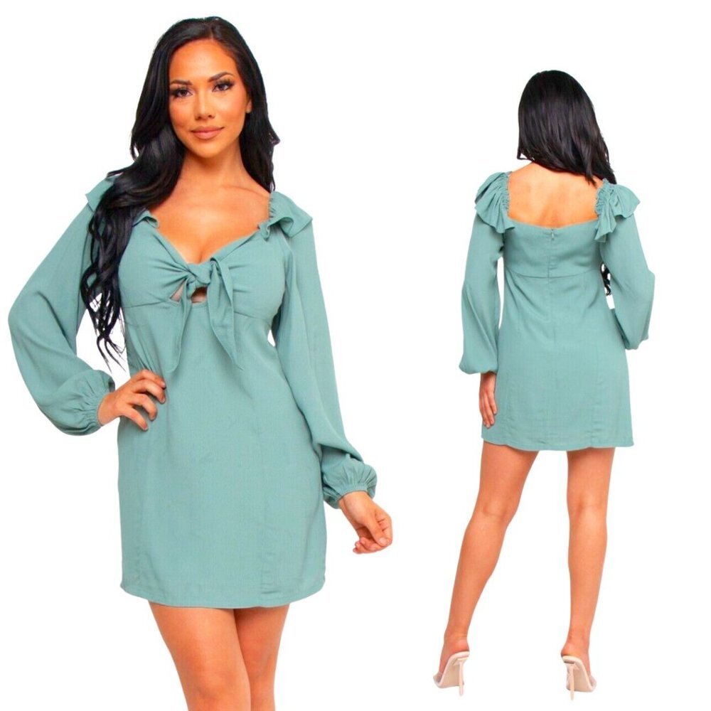 Mini DresS Sage Green Tie Knot Front Long Sleeve Empire Waist